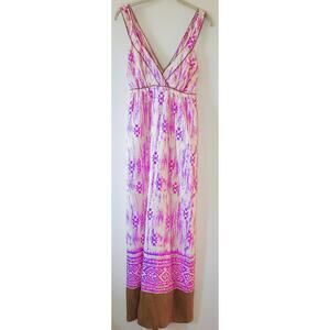 Loft Silk Ikat Tribal Print Maxi Dress Pink Cream Back Crossover Straps Size 10